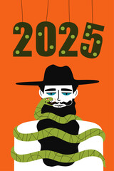 Wall Mural - Vector illustration with man in hat, green tree snake, and 2025 numbers. New Year 2025 symbol. Trendy print design, celebration poster, greeting card