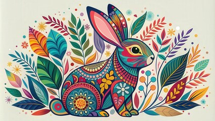 Wall Mural - Colorful abstract of a rabbit surrounded by stylized leaves and shapes, blending vibrant tones in a modern artistic style