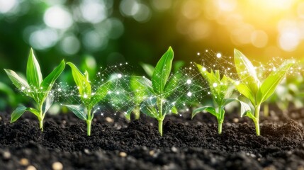 IoT-driven smart farming, featuring a growing corn seedling alongside infographics that emphasize precision agriculture 4.0