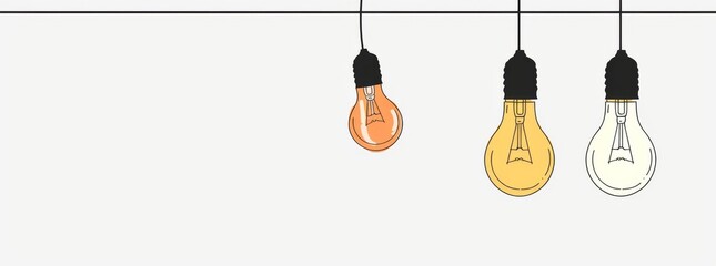 Minimalist Line Drawing of Three Light Bulbs , Hanging from Strings 