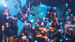 © Mahemud - Double exposure of a global world map on a business financial stock market trading background.