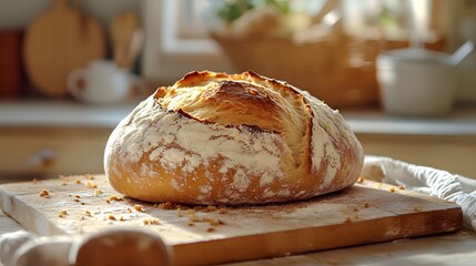 Freshly baked artisan bread on a wooden cutting board, rustic kitchen setting, golden crust, soft interior, crumbs scattered, natural light from a window, food photography.