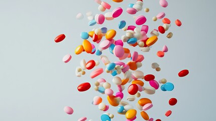 A cascade of colorful pills, in various shapes and sizes, falling onto a light grey backdrop, forming a vibrant display.