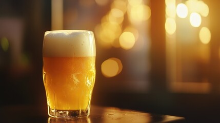 A glass of frothy golden beer, captured in warm, soft light, creating a cozy and inviting atmosphere.