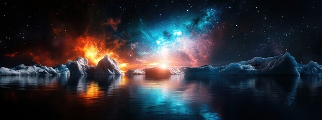 Wall Mural - polar display above icebergs, starry night sky, realistic, high resolution --ar 8:3 --style raw --pe