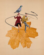 © master1305 - Lively couple dancing on giant autumn leaf, with pigeon perched playfully on the woman head. Vintage style and seasonal charm. Contemporary art collage. Surrealism and creativity, retro style concept