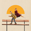 © master1305 - Playful couple in retro outfits dancing on bench against backdrop of setting sun. Moment of joy and vintage flair. Contemporary art collage. Concept of surrealism and creativity, retro style
