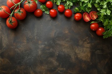 Wall Mural - A vibrant display of fresh tomatoes and parsley arranged on a dark, textured counter, highlighting their lush, organic look.