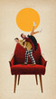 © master1305 - Playful couple, man and woman in retro clothes joyfully dancing lively dance on vibrant red chair. Vintage style with quirky charm. Contemporary art. Concept of surrealism and creativity, retro style