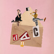 © master1305 - Stylish couple dancing atop oversized envelope, surrounded by cut-out letters spelling DANCE. Playful and vintage-inspired invitation to party. Contemporary art. Concept of surrealism and creativity