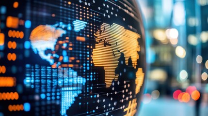 Aufkleber - Digital representation of global connectivity with a technological world map on a screen in a modern cityscape background.