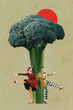 © master1305 - Lively couple dancing near giant broccoli under red sun, merging retro charm with playful, surreal elements in quirky celebration of nature. Contemporary art collage. Surrealism and creativity concept
