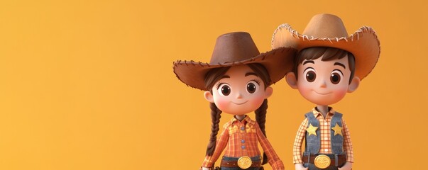 Two children wearing cowboy hats and clothing stand next to each other on a yellow background. Concept of playfulness and innocence, as the children are dressed in traditional cowboy attire