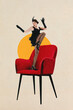 © master1305 - Stylish woman in flapper dress dancing atop red chair, framed by golden sun, blending vintage elegance with modern flair. Contemporary art collage. Concept of surrealism and creativity, retro style