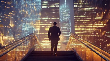 Businessman climbed the stairs, double exposure with New York office buildings at night. Concept of business achievement, goal and leadership -