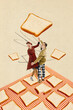 © master1305 - Cheerful man and woman dancing on table covered with slices of toast, creating whimsical scene that blends retro charm with playful surrealism. Contemporary art collage. Concept of creativity