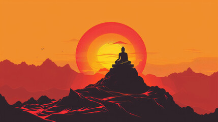 A tranquil scene showcases a meditating figure on a mountain, bathed in warm sunset hues and framed by silhouetted peaks