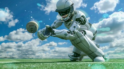 Wall Mural - Robot Cricketer Hitting Ball: A robot cricketer executing a perfect stroke, sending the ball flying across the field.