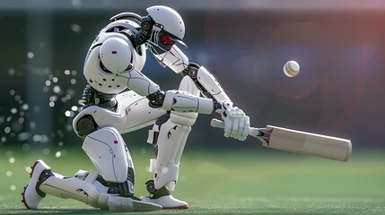 Wall Mural - Robot Cricketer Hitting Ball: A robot cricketer executing a perfect stroke, sending the ball flying across the field.