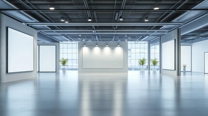 Spacious, empty exhibition center with backdrops for exhibition stands. 3D rendering.