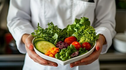 Close-up of a nutritionist holding a heart-shaped plate with an assortment of fresh veggies.