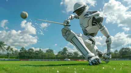 Wall Mural - Robot Cricketer Hitting Ball: A robot cricketer executing a perfect stroke, sending the ball flying across the field.