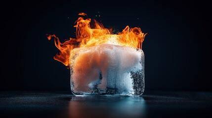 Sticker - Close-up of a large ice cube with flames on top, contrasting elements of fire and ice on a dark background.