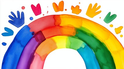 Sticker - A rainbow with hands painted on it. The rainbow and hands together create a sense of joy and happiness