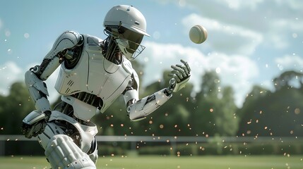 Wall Mural - Robot Cricketer Hitting Ball: A robot cricketer executing a perfect stroke, sending the ball flying across the field.