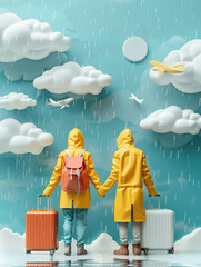 Wall Mural - 3D Flat Icon of Business Professionals in Raincoats Entering Business Venues During Rain Shower   Blend of Business Travel and Rain Season Concept with Whimsical Background on Whit