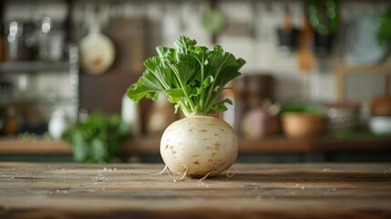 Root of a plant placed on kitchen workspace, emphasizing its use in cooking or home gardening.