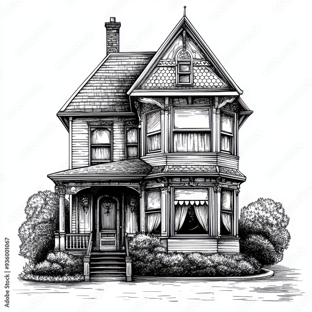 Black and white Vintage engraved art of a Victorian house, isolated on ...