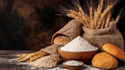 Flour is neatly placed in a bowl on a wooden table, surrounded by wheat stalks and a bag of flour, creating a cozy and inviting kitchen atmosphere perfect for baking