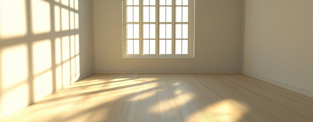 Aufkleber - White room with white walls, wooden floor, and big window. Blank template for interior products. Backdrop for branding design showcases.