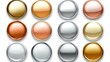 © VIK - A modern set of metal chrome circle buttons featuring metallic rose gold, bronze, silver, steel, holographic, and golden badges for diverse design applications is presented.
