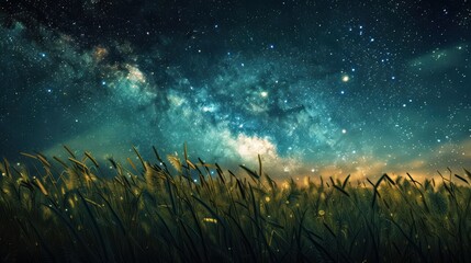 Vast savannah grasslands from a low angle, looking up at the starry night sky and the Milky Way.