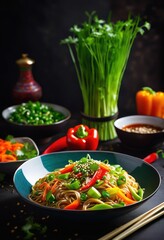 Wall Mural - colorful flavorful chinese noodle dish featuring fresh tasty sauces delicious meal experience, asian, bowl, chef, culinary, dining, easy, enticing, flavors