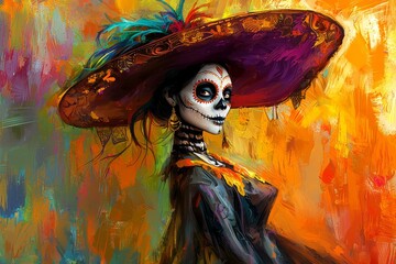 Image of traditional Mexican Santa Muerte dressed in sugar skull makeup. Calavera Catrina. Dia de los Muertos, Halloween.