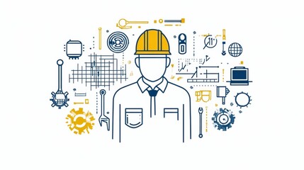 Illustration of a builder engineer with a uniform and protective helmet, accompanied by various construction tools