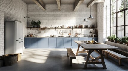 A modern kitchen with a retro-style refrigerator