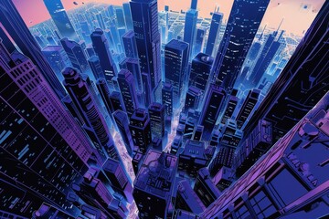 Wall Mural - An Overhead View of a Dense, Urban Cityscape at Night