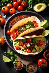 Wall Mural - vibrant taco ingredients displayed colorful backgrounds featuring fresh tortillas whimsical arrangement, vegetables, spices, colors, food, cuisine, seasoning