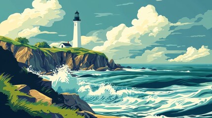 A vibrant lighthouse standing tall on a rugged coastline, with crashing waves and fluffy clouds creating a serene seascape.