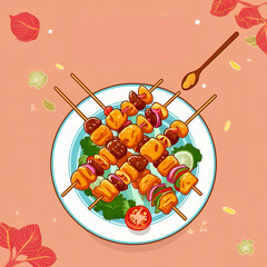 Sticker - Illustration of a vector satay food