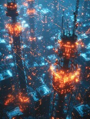 Wall Mural - Cyberpunk Cityscape with Illuminated Towers