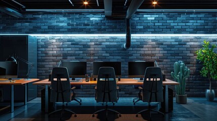 Modern Industrial Office Space with Blue Lighting