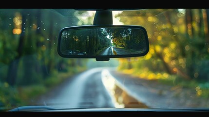 rearview mirror showing the road behind with the rearview camera display visible on the dashboard.