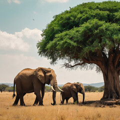 Group of elephants under the big green tree