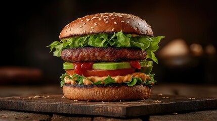 Wall Mural - Close-up of a gourmet burger with a beef patty, lettuce, sliced tomatoes, avocado, ketchup, and special sauce on a sesame seed bun.