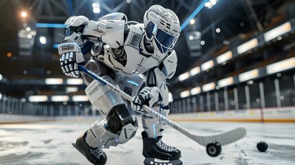 Robot Hockey Player Shooting Puck: A robot hockey player taking a powerful shot, aiming for the goal.
